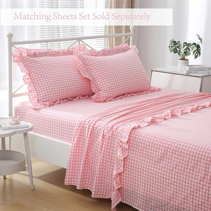 2 Pack Coral Pink White Plaid Ruffle Euro Throw Pillow Covers, 100% Washed - Image 7