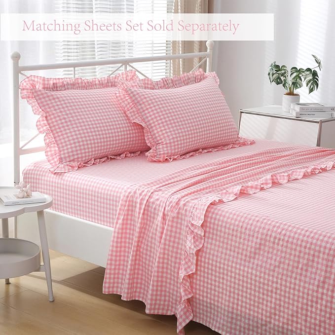 2 Pack Coral Pink White Plaid Gingham Ruffle Pillow Shams Standard Size - Image 7