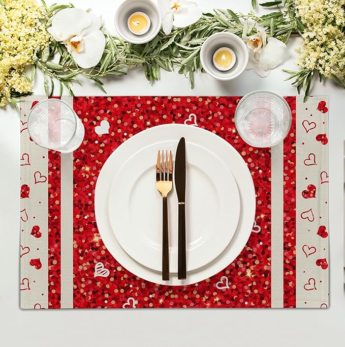 Valentine Hearts Placemats Set of 4, 12x18 Inch Red White Love Heart Linen - Image 3