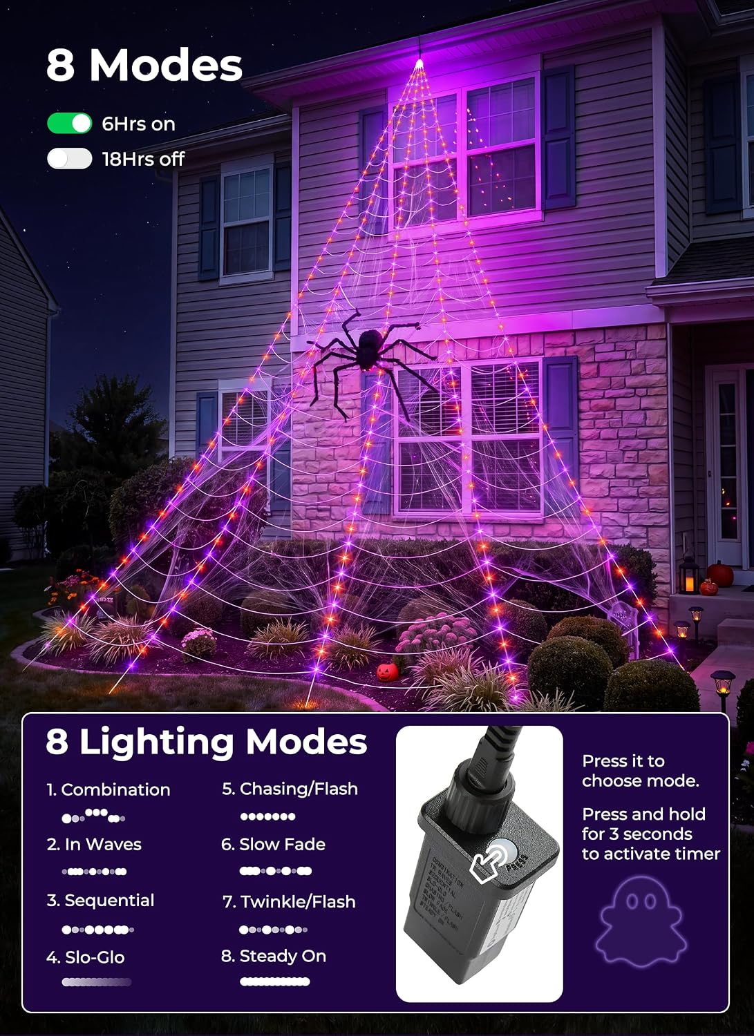 Brightown Halloween Decorations Outdoor, 255-LED Giant Spider Web Lights