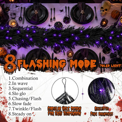 N&T NIETING 9FT Black Halloween Pre-Lit Garland with 70 LED Lights Real Touch Artificial Norfolk Pine Garlands for Table Fireplace Holiday Indoor Outdoor Halloween Decorations (1 Pcs)