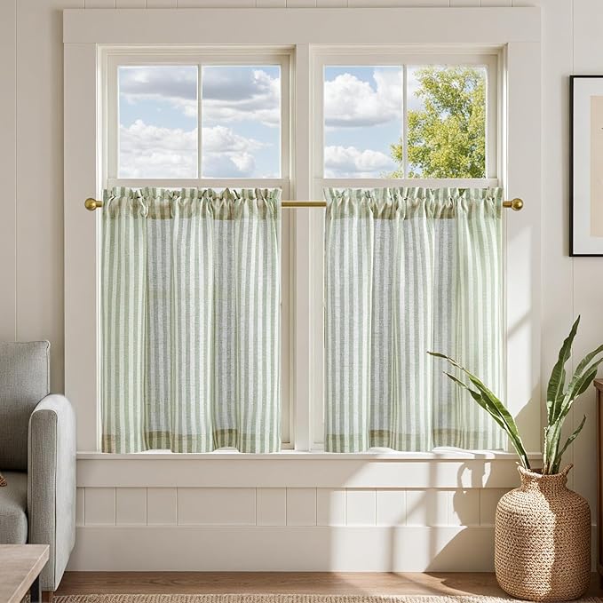 jinchan Striped Linen Kitchen Curtains 24 Inches Length Tier Curtains Farmhouse by JINCHAN