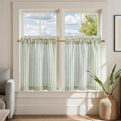 jinchan Striped Linen Kitchen Curtains 24 Inches Length Tier Curtains Farmhouse by JINCHAN