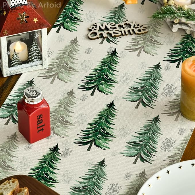Artoid Mode Xmas Trees Snowflake Christmas Table Runner, Seasonal Winter Green - Image 4