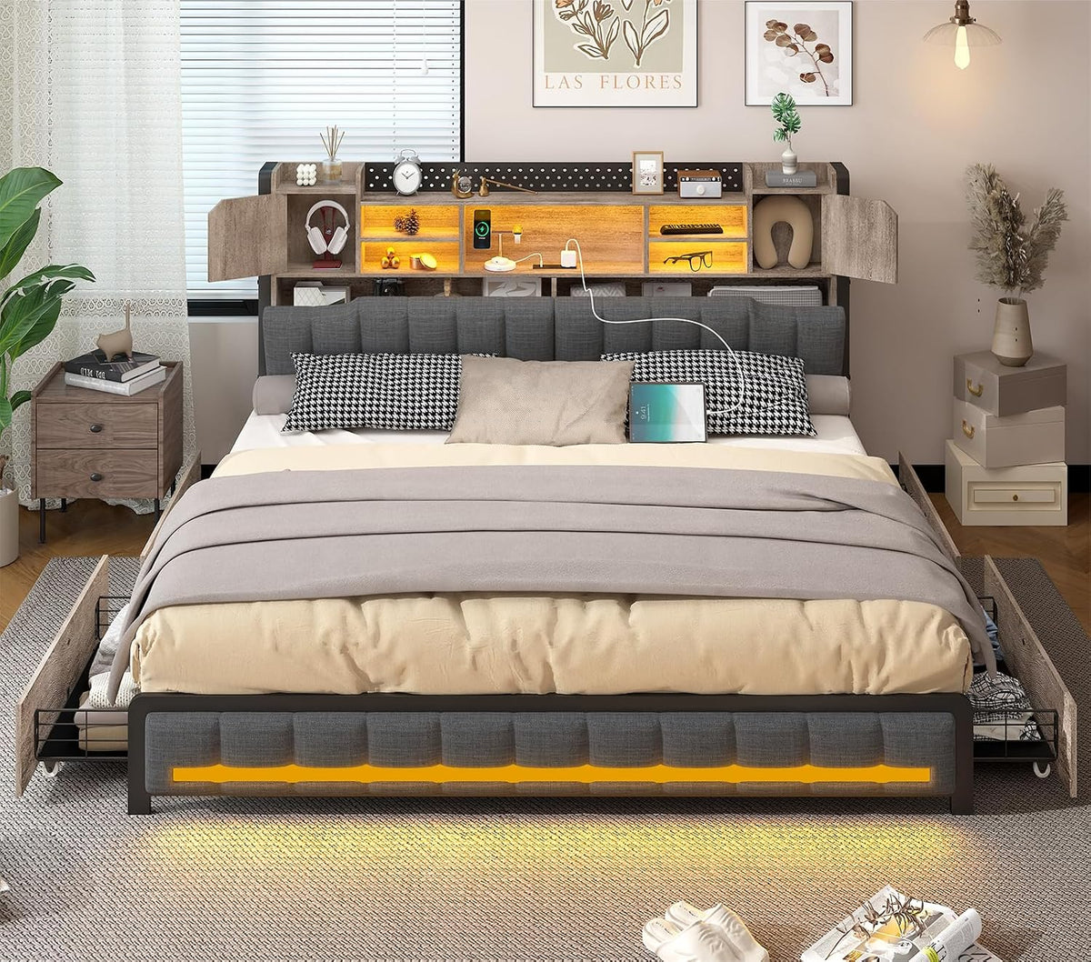 cszzd king size bed frame and bookcase headboard, close-up detail