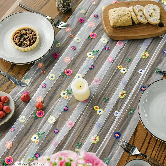 Artoid Mode 3PCS Embroidery Daisy Gauze Table Runner 120 Inch 10FT, Seasonal - Image 6