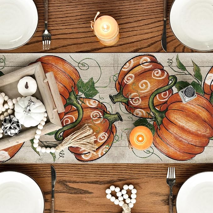 Artoid Mode Polka Dot Pumpkins Vine Wood 210 GSM Fall Table Runner, Seasonal - Image 7