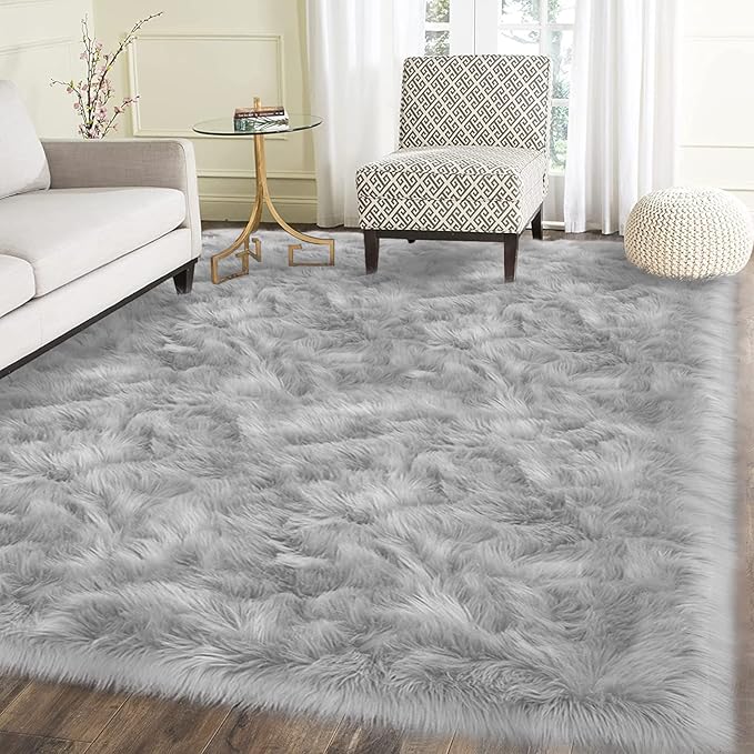 Latepis Washable 5x7 Grey Faux Fur Rugs by Latepis