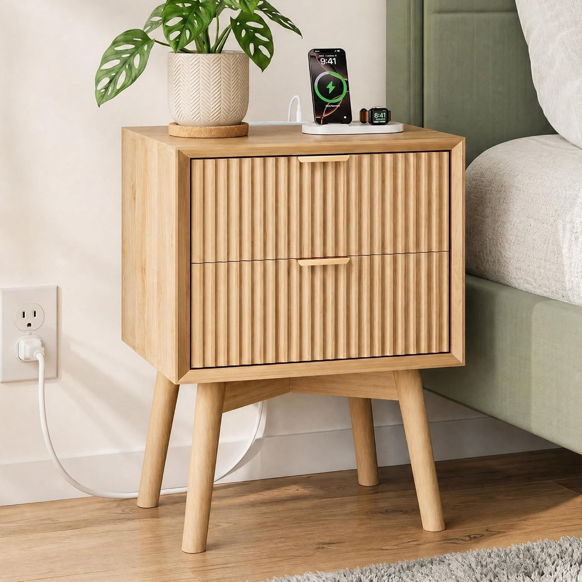 fluted nightstand with charging station & beveled edges, main product view