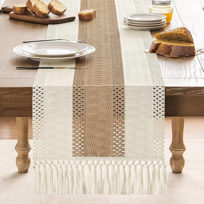 ZeeMart Macrame Style Bicolor Stitching Table Runner, 14 x 36 Inch Brown/Ivory - Image 2