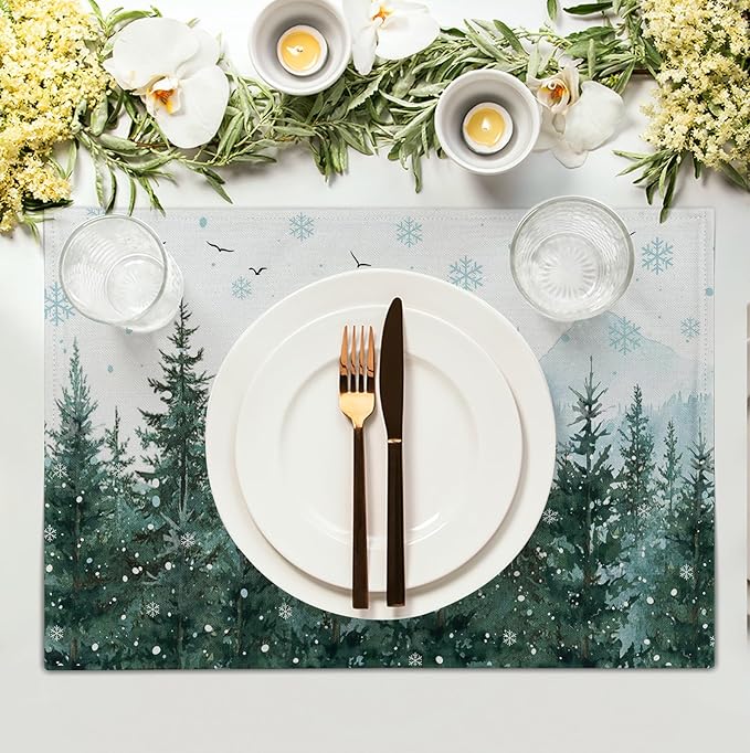 Winter Pine Tree Snowflake Placemats Set of 4 Christmas Snow Green Forest Place - Image 3