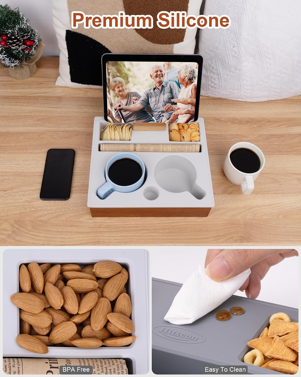 couch cup holder tray, portable silicone acacia wooden, package contents
