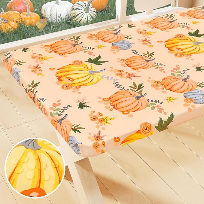 Smiry Plastic Thanksgiving Tablecloth, Pumpkin Wipeable Flannel Backed Vinyl by Smiry