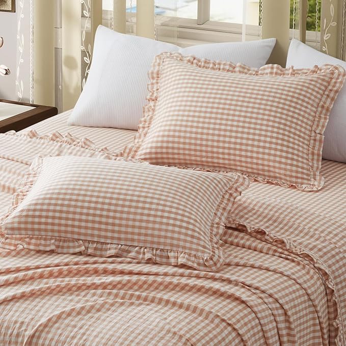 KKJIAF 2 Pcs Plaid Ruffle Pillow Case King Size, Cotton Gingham Ruffled Euro - Image 4