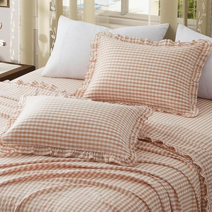 KKJIAF 2 Pcs Plaid Ruffle Pillow Case King Size, Cotton Gingham Ruffled Euro - Image 4