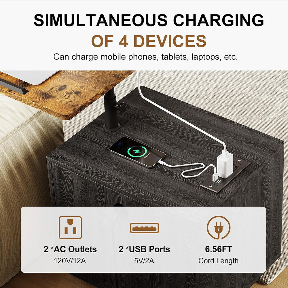 Bedroom Nightstand with Drawers & Charging Station, Adjustable Height Bed...