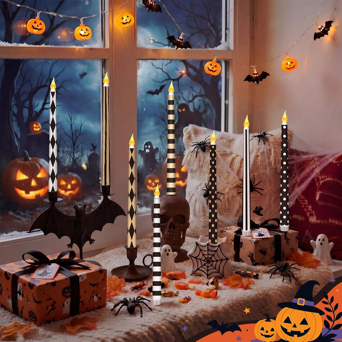 Lounsweer 8 Pcs Halloween Flameless Taper Candles, 10.91 in LED Home Decor