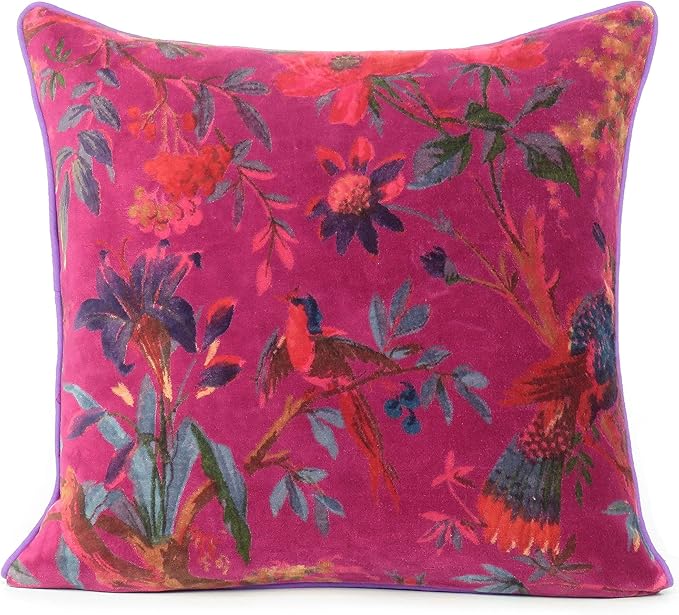 Eyes of India 16x16 Burgundy Red Velvet Floral Flower Bird Throw Pillow Sofa by EyesofIndia