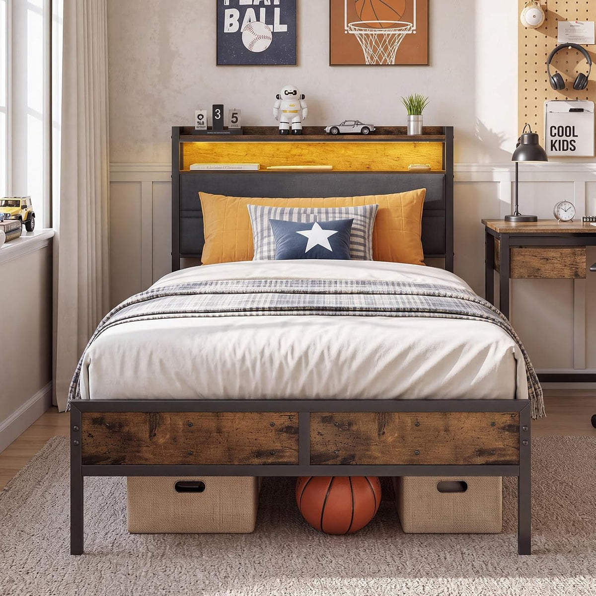 grusign twin bed frame with led light storage, front angle view