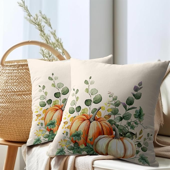 Fall Throw Pillow Cover 20x20 Inch Pack of 2 Autumn Watercolor Pumpkin Sage - Image 7