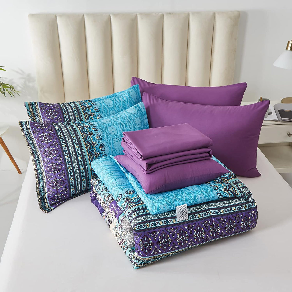 cottolester boho comforter set full size 8 piece, front angle view