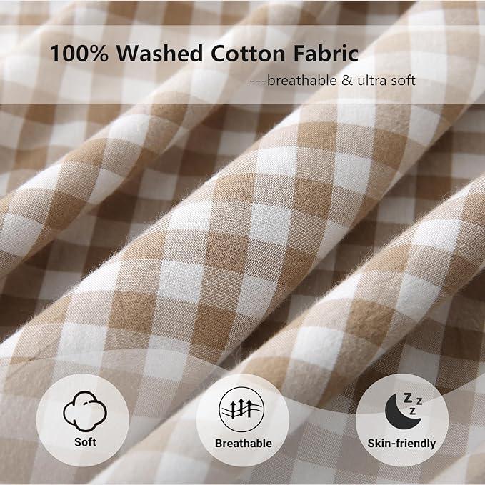 Aryeleay 2 Pack Taupe White Plaid Gingham Ruffle Pillow Shams, 100% Washed - Image 5