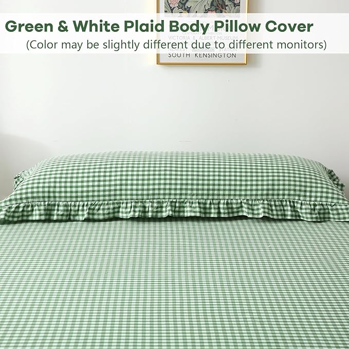 Christmas Green White Plaid Ruffle Gingham Bedding Body Pillow Cover, 100% - Image 2