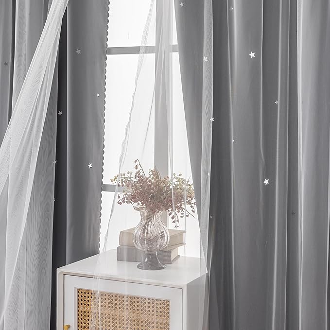 Light Gray Curtains for Kids Bedroom Nursery Decor Star Cutout Double Layer - Image 5