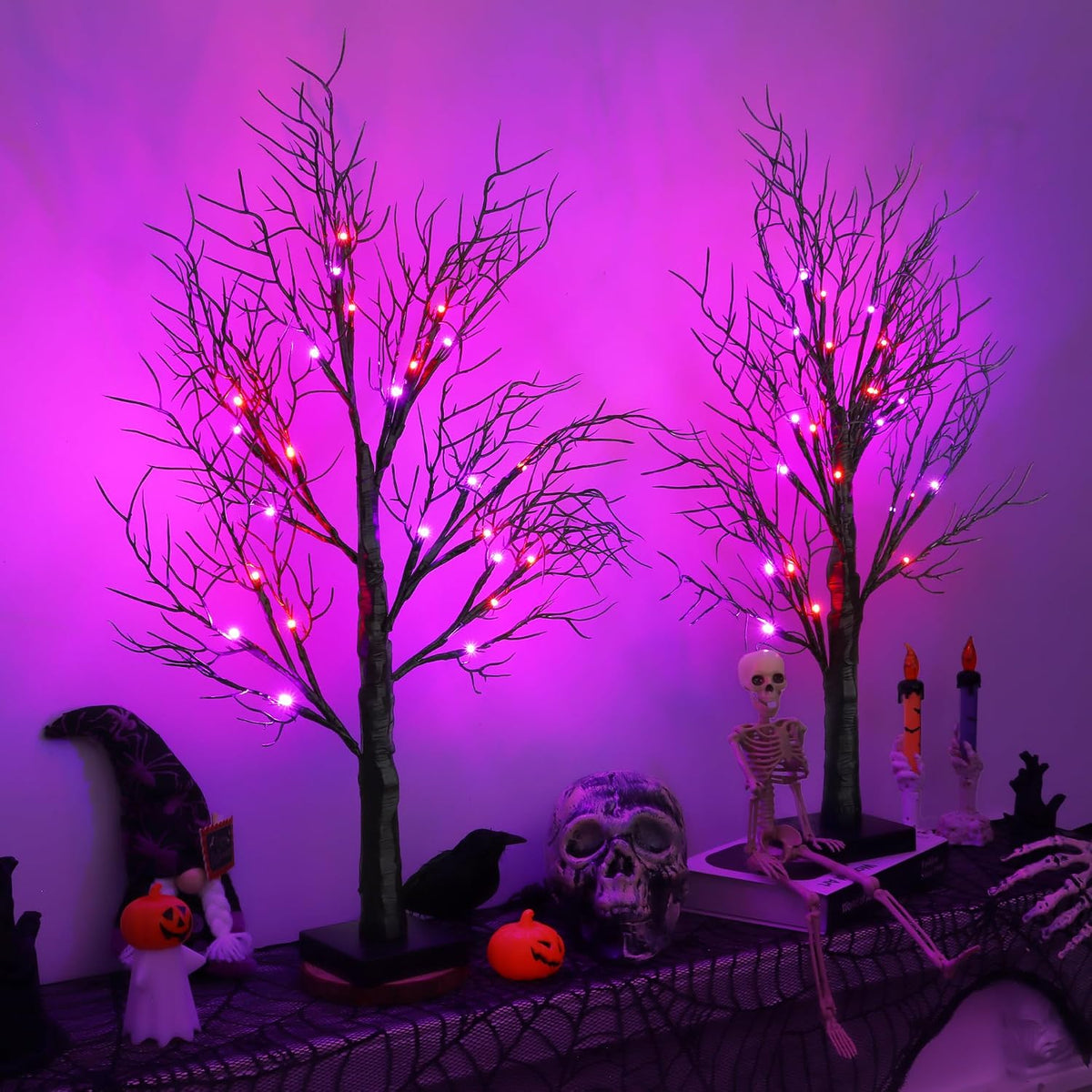 2 Pack 24 Inch Spooky Black Halloween Tree Decorations for Indoor Home Table, Halloween Lighted Tabletop Centerpiece with 24 Orange and Purple LEDs, Timer, USB or Battery Powered