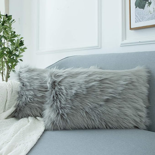 LIGICKY Set of 2 Decorative Grey Lumbar Fluffy Throw Pillow Cover Faux Fur by LIGICKY