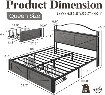 lifezone queen bed with farmhouse storage headboard, queen shown in use
