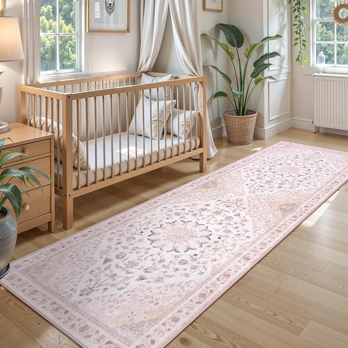 Moynesa Pink Runner Rugs for Long Hallway 2.5x8, Vintage Washable Floral Print - Image 2