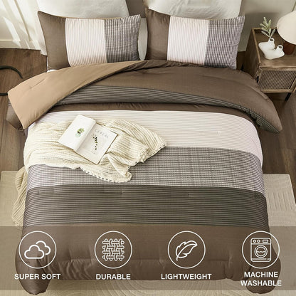 brown comforter set queen, reversible coffee brown patchwork, close-up detail