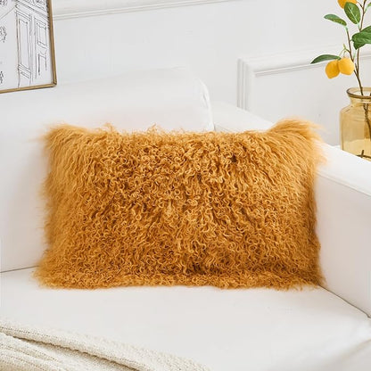 Genuine Mongolian Lamb Fur Pillow Cover – 12"x20" Rectangular Cushion Case – - Image 2