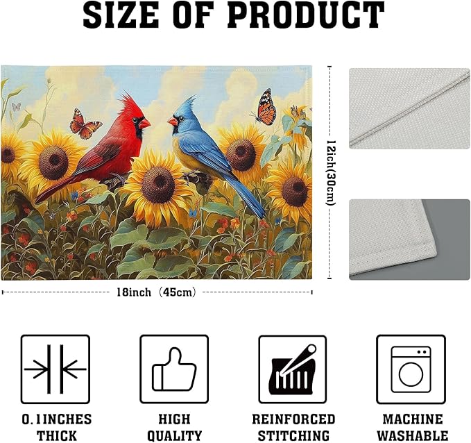 Giwawa Sunflower Birds Placemats Set of 4, Summer Sun Flower Butterflies Linen - Image 4
