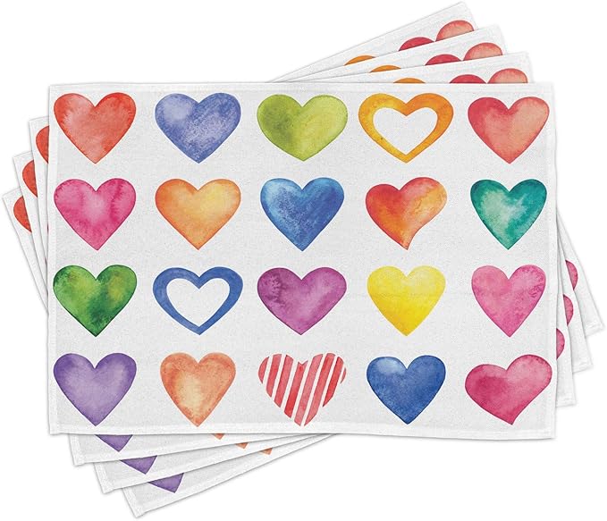 Ambesonne Grunge Place Mats Set of 4, Rainbow Color Heart Shapes Valentine's by Ambesonne