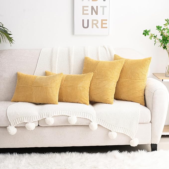 HWY 50 Mustard Yellow Corduroy Patchwork Throw Pillow Covers 18x18 Inch - Image 2