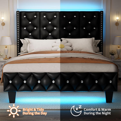 upholstered full size bed frame with headboard &, front angle view