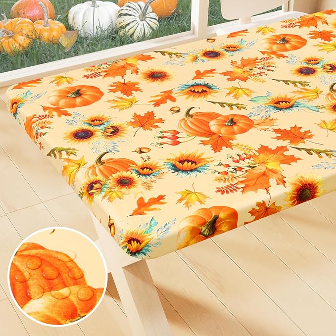 Smiry Plastic Thanksgiving Tablecloth, Sunflower & Pumpkin Wipeable Flannel by Smiry