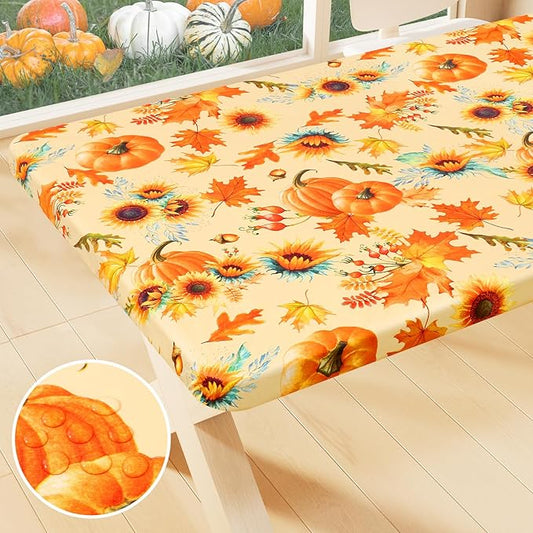 Smiry Plastic Thanksgiving Tablecloth, Sunflower & Pumpkin Waterproof Elastic by Smiry
