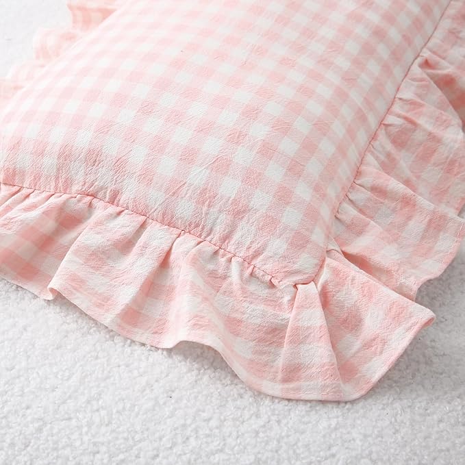 2 Pack Blush White Plaid Ruffle Gingham Lumbar Throw Pillow Covers, 100% Washed - Image 7