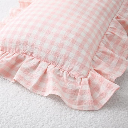2 Pack Blush White Plaid Ruffle Gingham Lumbar Throw Pillow Covers, 100% Washed - Image 7