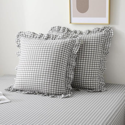 2 Pack Grey White Plaid Ruffle Gingham Euro Pillow Shams, 100% Washed Cotton - Image 7
