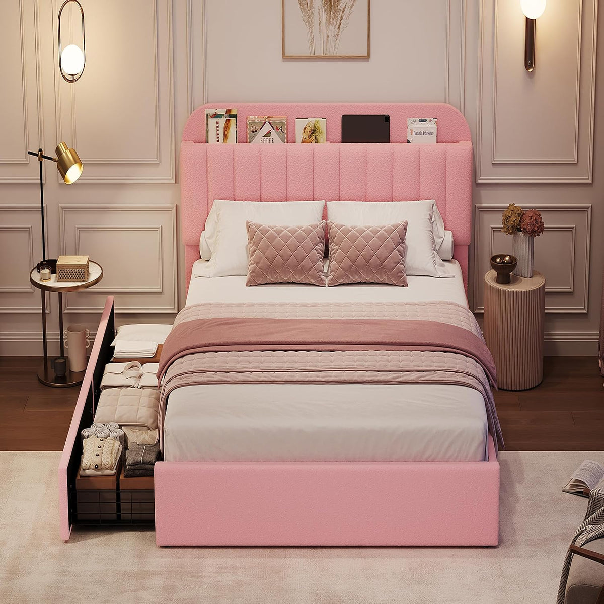 garveehome twin bed frame, platform bed with storage showing dimensions