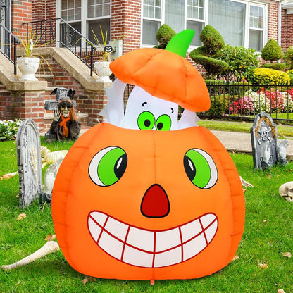 COMIN 5 FT Halloween Inflatables Animated Pumpkin Ghost Outdoor Decorations Blow Up Yard with Built-in LEDs for Indoor Party Garden Lawn Decor
