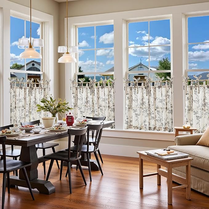jinchan Floral Kitchen Curtains 24 Inch Linen Tier Curtains Farmhouse Cafe Half - Image 3