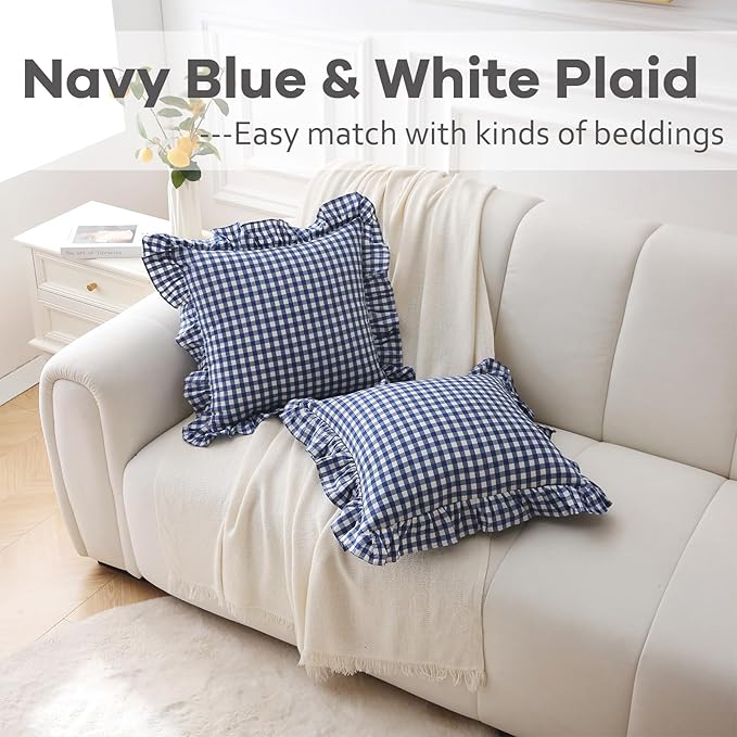 2 Pack Navy Blue White Plaid Ruffle Gingham Throw Pillow Covers, 100% Washed - Image 2