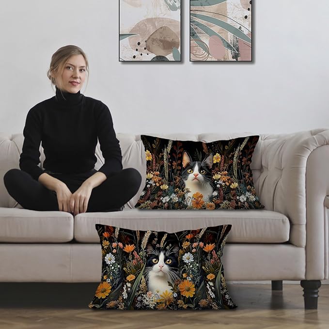 Moody Floral Black Cat Pillow Covers 12x20 Set of 2, Cat Mom Lady Lovers Gifts - Image 2