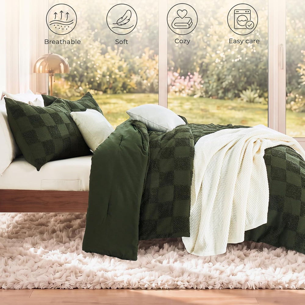 Full Comforter Set-3 Pieces Soft Boho Tufted Bed Checkered Bedding