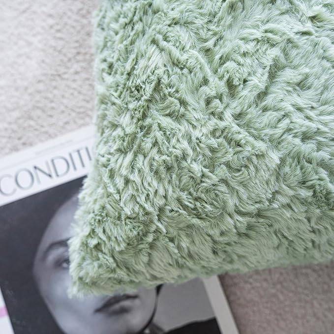 Neelvin Set of 2 Faux Fur Throw Pillow Covers 18x18 Inch Sage Green Cozy Soft - Image 5